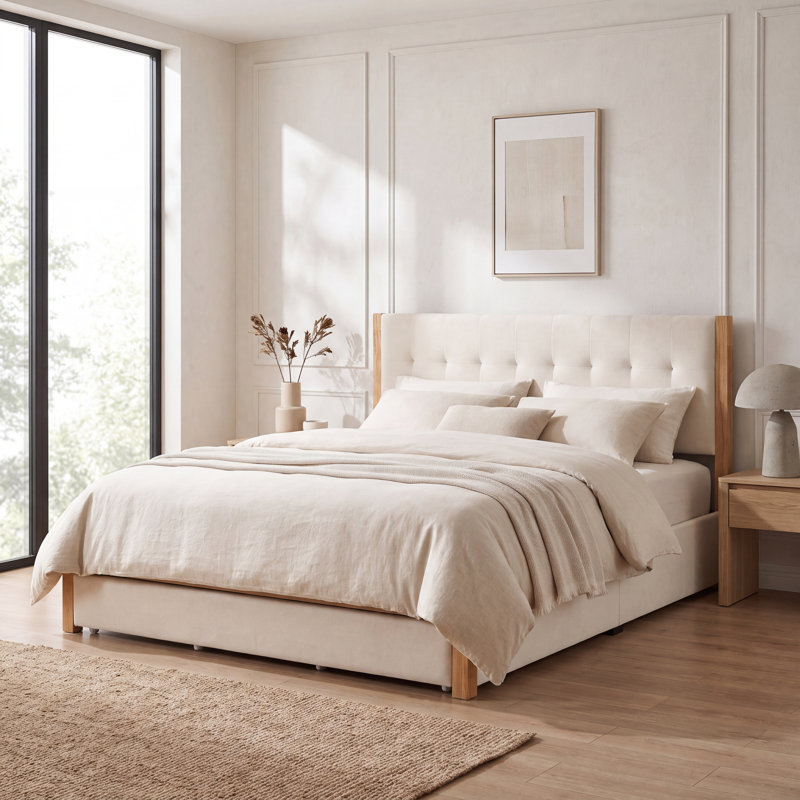  Grand lit plateforme en bois massif avec tiroirs de rangement Lunara Vault Upholstery,  Queen