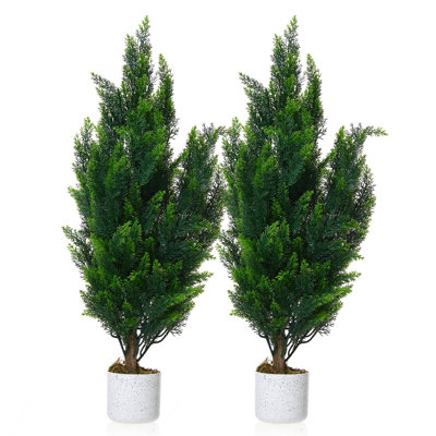 Verdure réaliste résistante aux rayons UV - Cèdre artificiel, ensemble de 2, topiaire à feuilles caduques de 3 pi de hauteur avec feuillage de pin dense dans des pots blancs - Décoration intérieure extérieure résistante aux intempéries, cyprès, 90 cm, 2 pièces