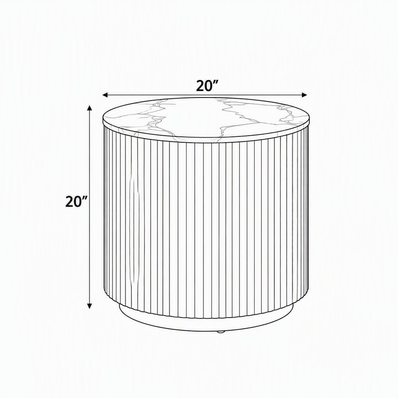 Table d'appoint ronde moderne avec plateau en marbre reconstitué et piètement cylindrique cannelé