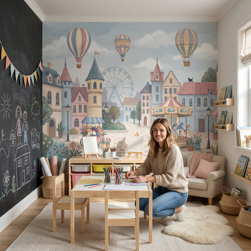 Carrousel mural Village Air, Non tissé, 140 po x 108 po