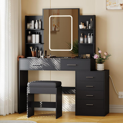 Vanity Desk with Mirror and Lights, Makeup Vanity Set with 6 Drawers and Shelves, Vanity with Charging Station, Vanity with Stool & 3 Lighting Color A by Wrought Studio