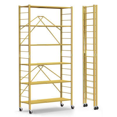 6 Tier Foldable Storage Shelves,  With Wheels, Changeable Into 2 Shelf Units, Collapsible Adjustable Storage Rack Metal Shelves For Garage Kitchen, Basement