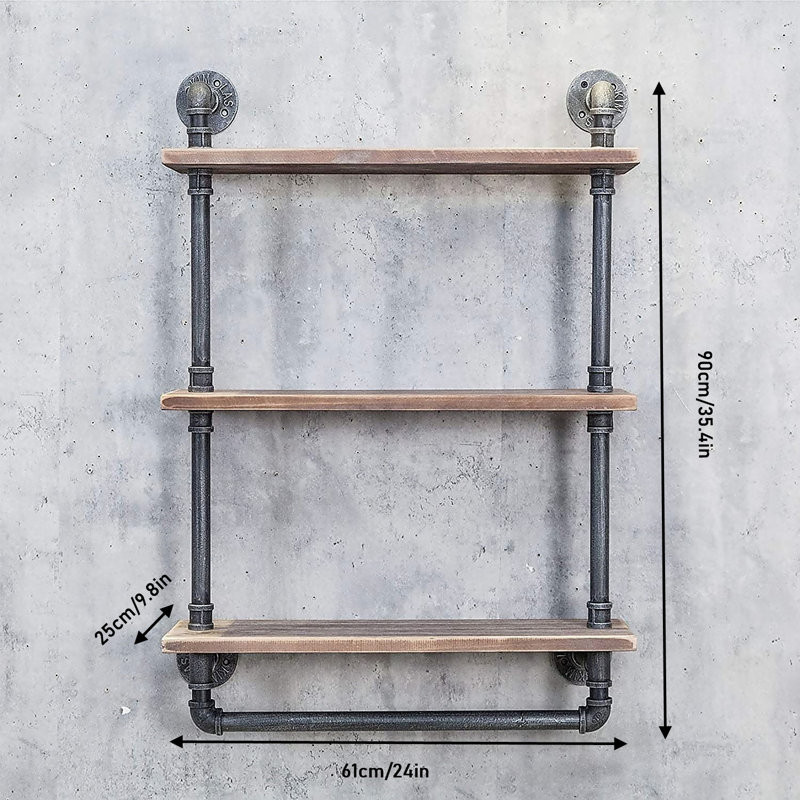 Tablettes de salle de bain industrielles avec tablette à serviettes, tablette murale en tuyau de 24 po, étagère de salle de bain de style campagnard industriel (3 étages-24)