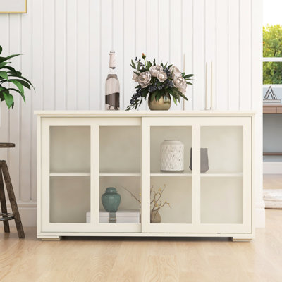 Kitchen Storage Stand With Glass Door - White. Built Cupboard For Extra Storage. 2 Sliding Doors And Adjustable Shelf. Painted Exterior. Non-slip Bottom To Keep Cabinet From Shifting Made Space.