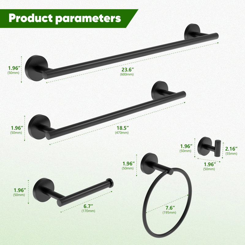 6-piece Bathroom Hardware Set, Black Stainless Steel Towel Bar Set, Matte Black