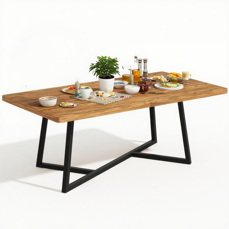 Grande table de salle à manger 70,87 "pour 6 à 10 personnes, table de ferme rectangulaire en grain de bois avec structure en métal noir, table de salle à manger industrielle pour salle à manger, salon, brun rustique