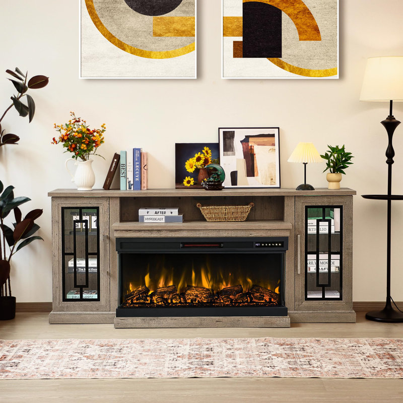 75 Inch Highboy Electric Fireplace TV Stand – 40’’ 3-Side Glass LED, Modern Media Center ,Fits 80/85 Inch Tvs, Adjustable Flame,Gray Wash