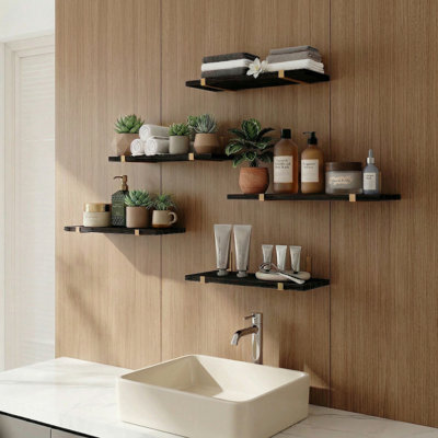 Support de rangement mural flottant en forme de fée de style rustique, bois noir et or, ensemble de 5 pièces, rangement mural simple et tablette décorative.