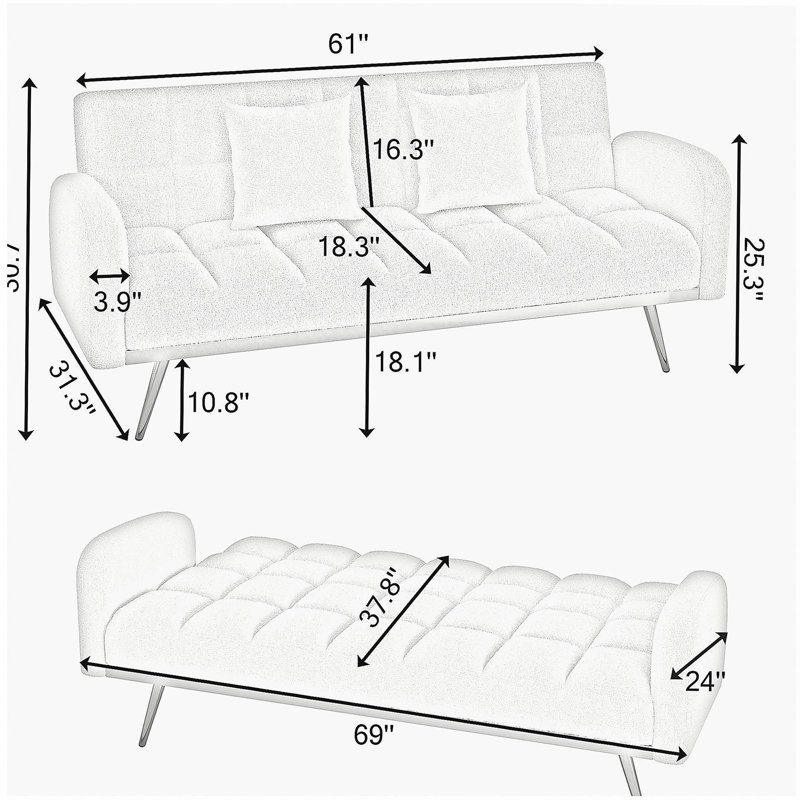 69 Inch Sofa Bed Grey with Adjustable Teddy Sofa for Small Space Living Room and Bedroom