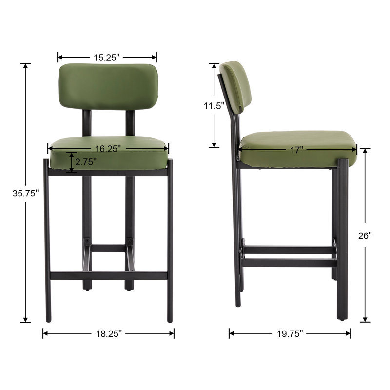 Modern Upholstered Counter Stool With Backrest, Beautiful Low Barstool For Kitchen Island, Bar And Counter, Green