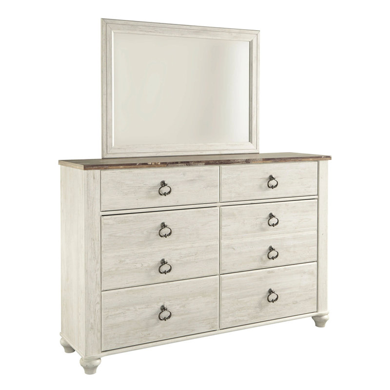 Ensemble de commode et miroir Isla, 6 tiroirs, plateau en faux planches brun, blanc délavé