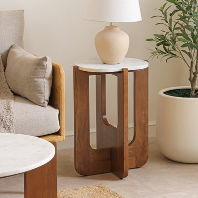 Alden Oval Marble Top Accent Table with Sculptural Wood Base