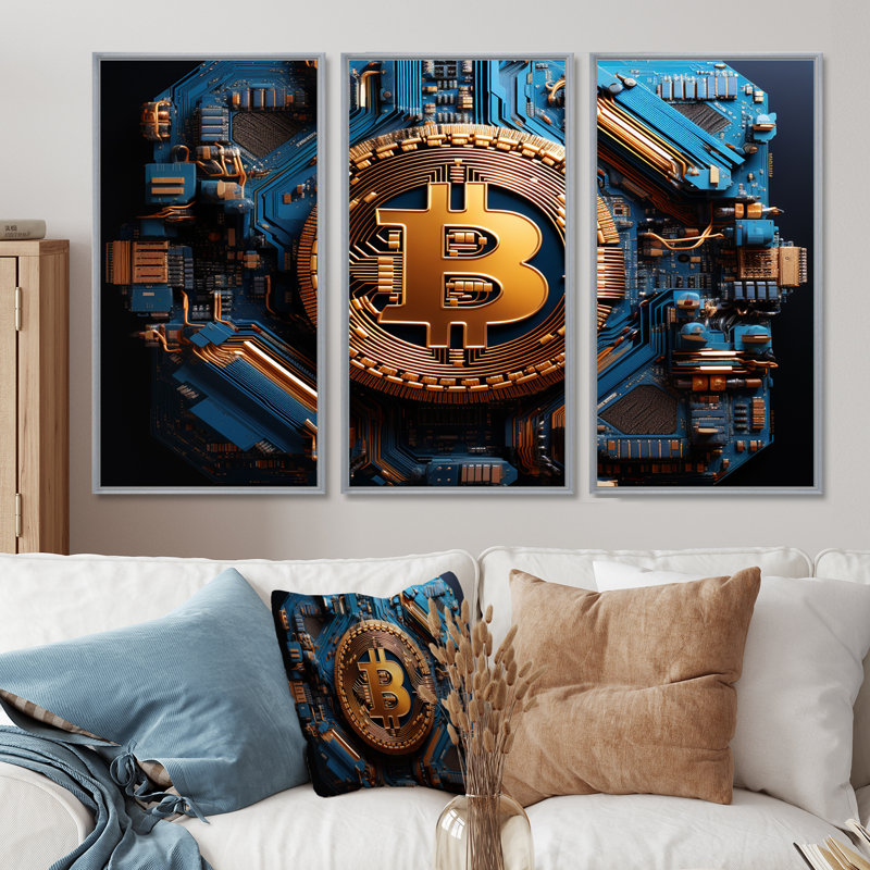 Azure Fashion Bitcoin - ensemble de reproductions d'art mural Fashion, H 32 po x l 48 po x P 1 po, Encadrement argenté