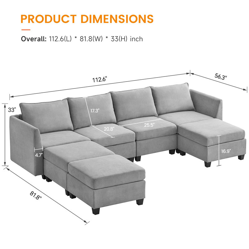 Canapé modulaire de 112 po avec sièges de rangement et canapé convertible en U à 7 places avec grande méridienne réversible