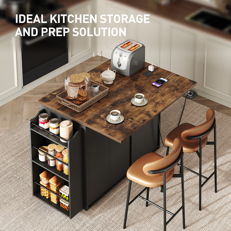 39.4" Kitchen Island with Power Outlet & Drop Leaf, Mobile Rolling Cart with Trash Can Storage, 3-Tier Spice Rack, Black