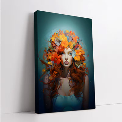 1Pc Wall Arts Posters Framed, Vibrant Floral Woman Canvas Wall Art Modern Abstract Portrait Painting for Living Room Bedroom Home Decor Unique Boho Chic Artwork with Orange Yellow Flowers and Teal Background
