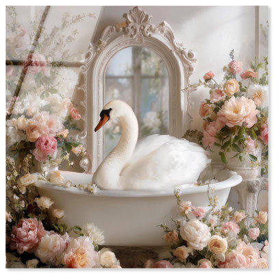 Elegant Swan in Tub with Floral Acrylic Print Bathroom Wall Decor by Art Remedy, Ready to Hang, 40 x 40