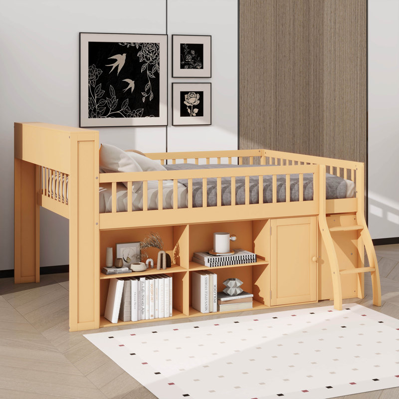 Lit mezzanine avec rangement intégré, tête de lit avec éclairage DEL, Queen, Natural