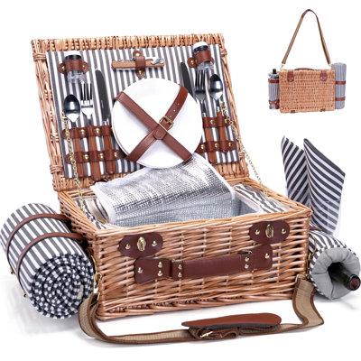 Panier de pique-nique avec couverture et poche à vin pour 2 pièces Ensemble de pique-nique en osier avec sac isotherme