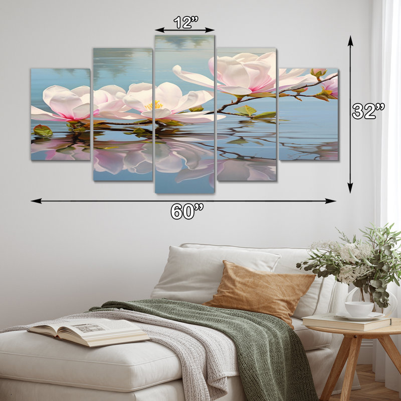 Blanc blanc gris Magnolias Magnolia Reflections II - impression sur toile florale - 5 panneaux