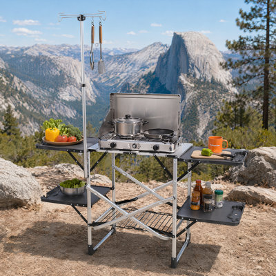 Foldable Outdoor Cooking Table - Multi-Function Camping Prep Station With 4 Side Tables & Lamp Post & Storage Rack