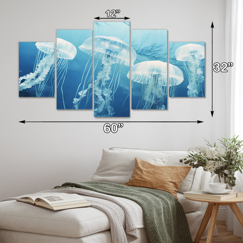 5 pièces de méduse blanche flottant à la surface de l'océan - Art mural de méduse pour le salon