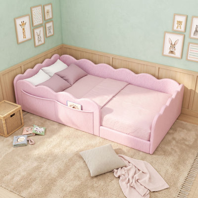 Upholstered Floor Bed with Soft Rabbit Plush Fabric and Guardrails