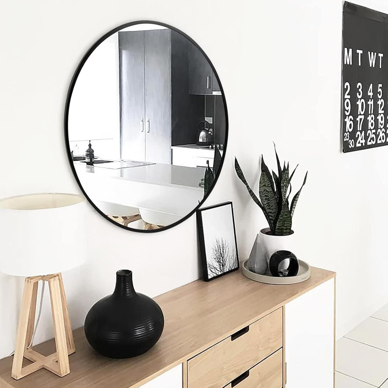 Miroir mural rond avec cadre en métal noir mat - Miroir circulaire pour la salle de bain, le salon, l'entrée, le couloir et le meuble-lavabo - Verre HD avec reflet transparent - Installation facile