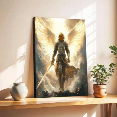 Archangel Michael Canvas Wall Art, Warrior of God Divine Wings Framed Poster, Archangel Christian Wall Decor, Angel Battling Sat