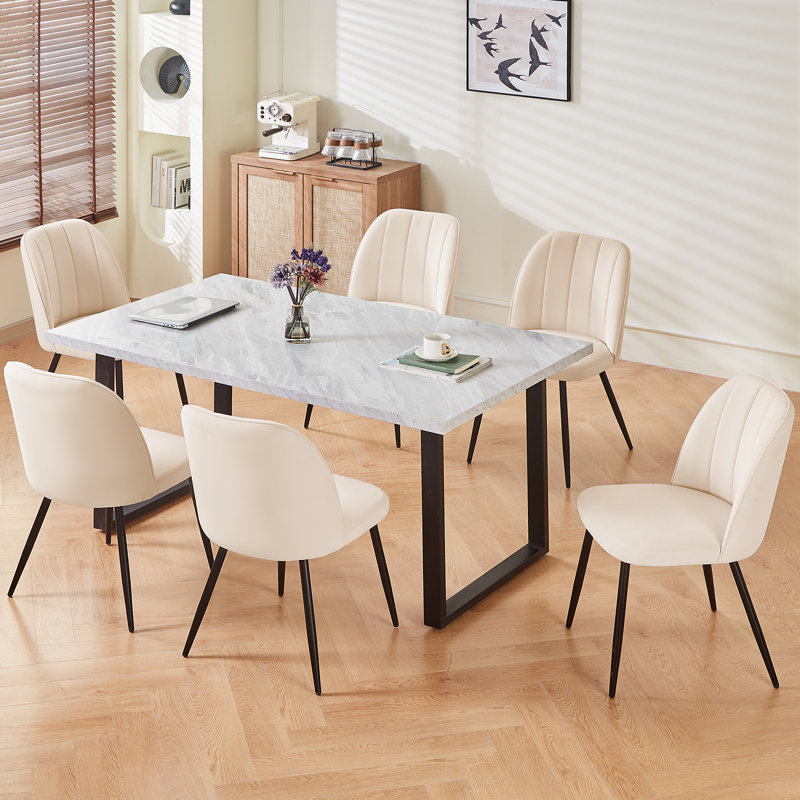 6 - Person Dining Set, Beige Velvet