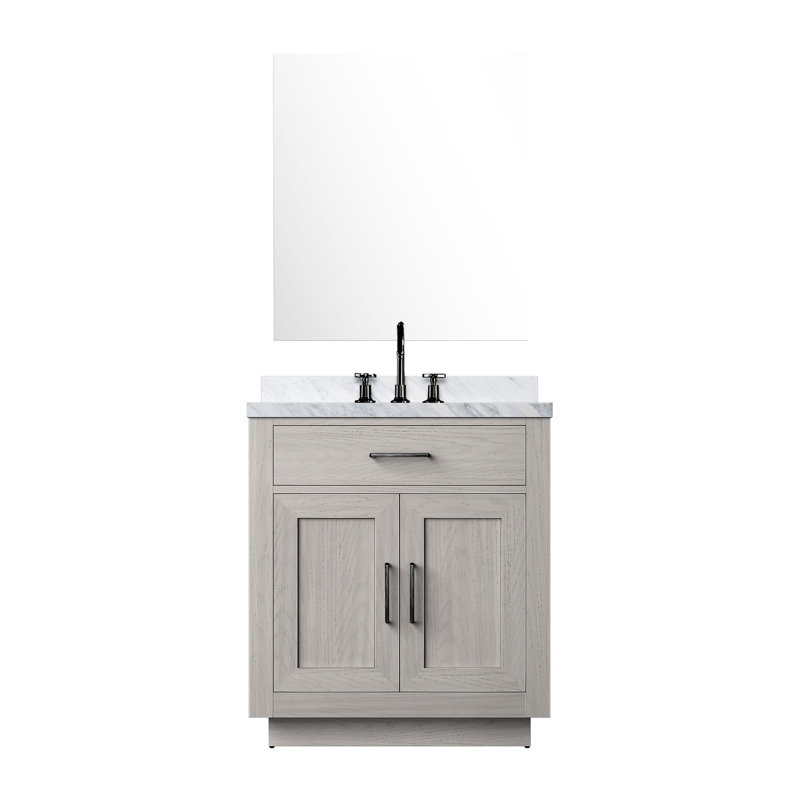 30 po Meuble-lavabo en chêne blanc avec comptoir en marbre, robinet et miroir 28 po x 28 po
