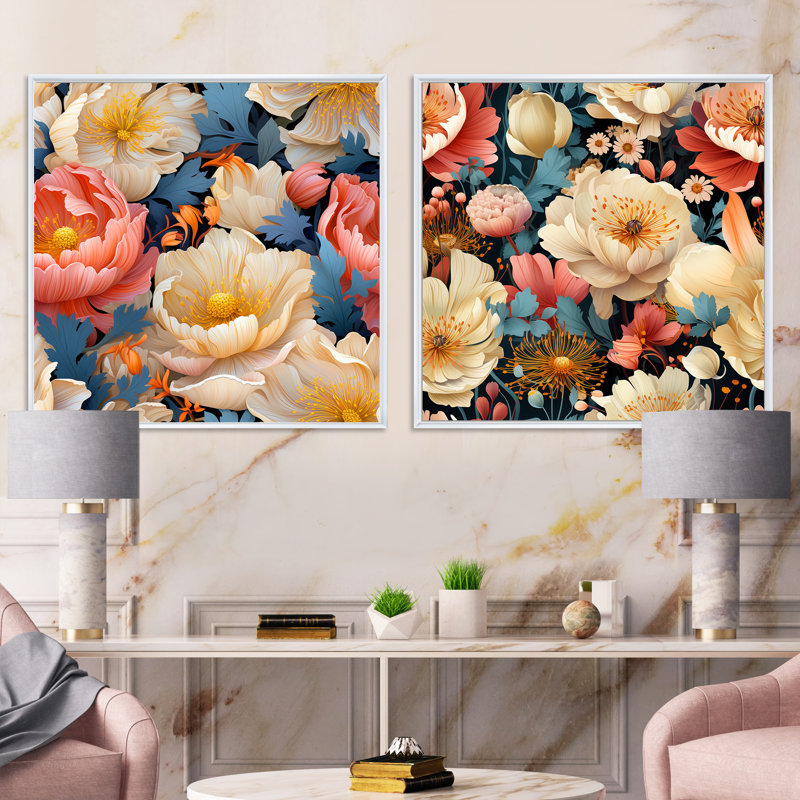 Chevery - Ensemble de 2 collages carrés floraux, Cadre flottant blanc, H 36 po x l 73 po