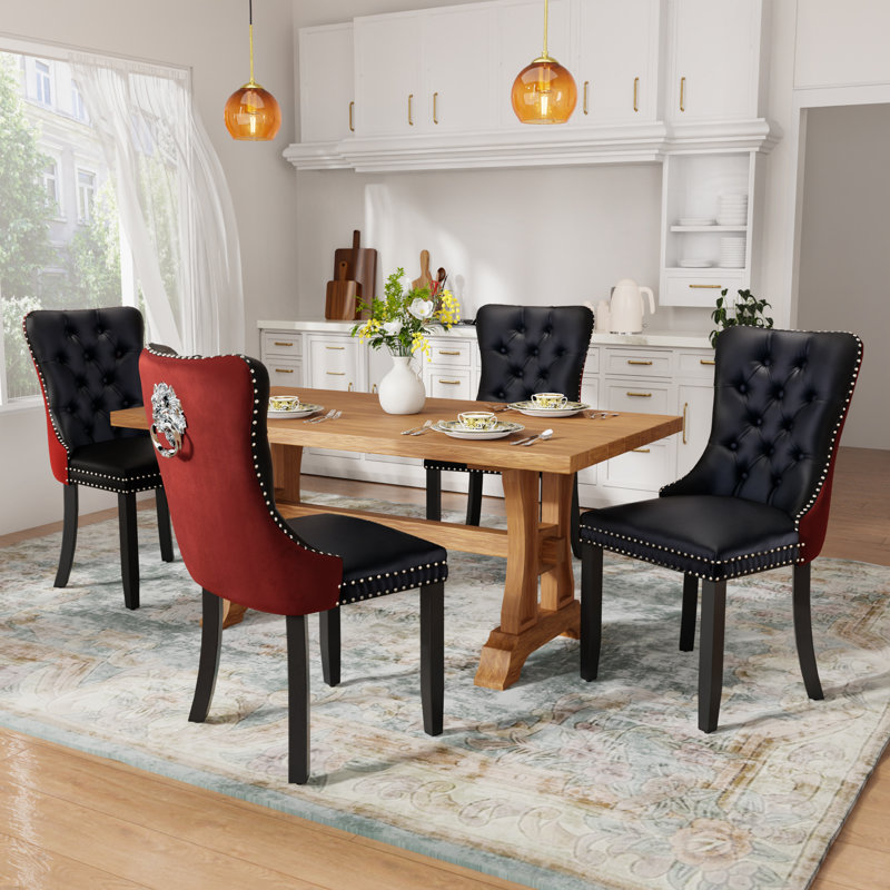 High-end Tufted Velvet Upholstered Nailhead Dining Chair, Black/Red, Golden