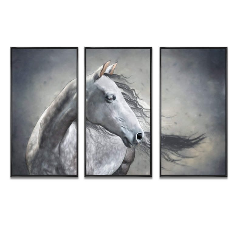 Portrait monochrome d'un cheval sauvage - 3 pièces, cadre flottant, impression sur toile, H 28 po x l 36 po, Cadre noir