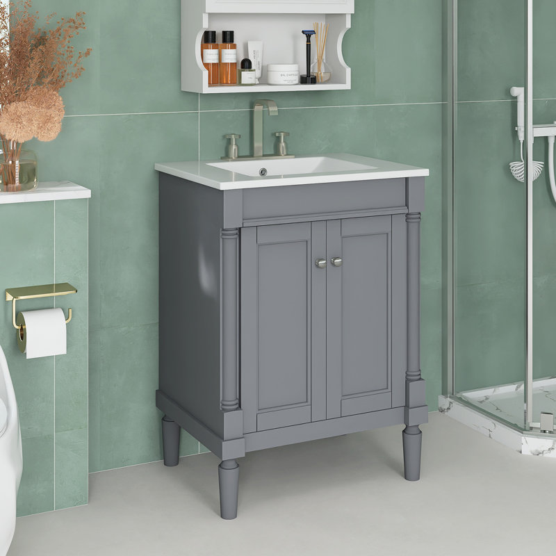Meuble-lavabo simple en panneau de fibres à densité moyenne de 24 po, armoire de rangement moderne à 2 niveaux, grandes tablettes de rangement