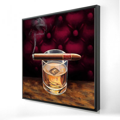 Toile encadrée brune gastronomique | Scotch sur glace avec décor de cigare