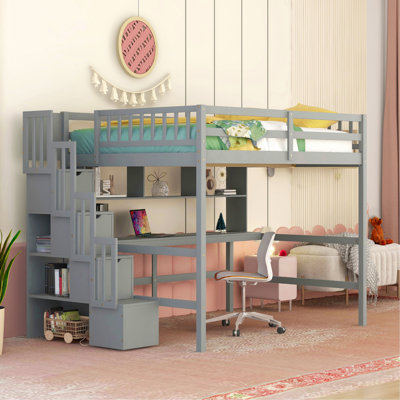 Kids Full Solid Wood Loft Bed with Built-In Desk and Storage Staircase