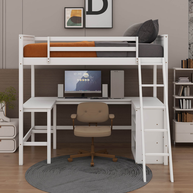 Lit mezzanine simple avec tablettes et bureau