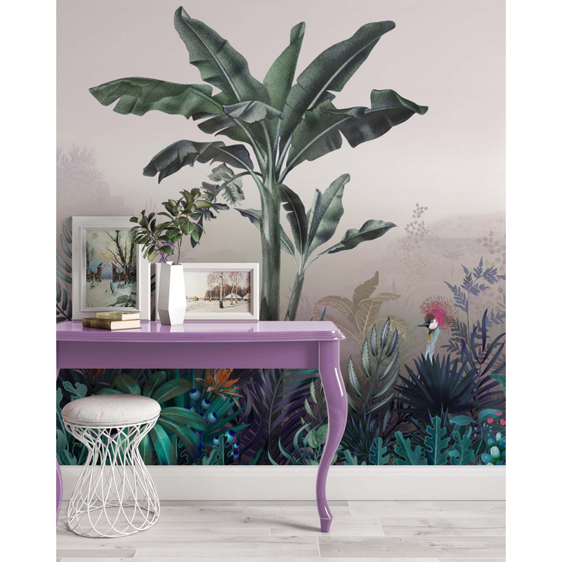 Papier peint tropical, art mural jungle exotique, L 37,92 po x l 57 po, Gris