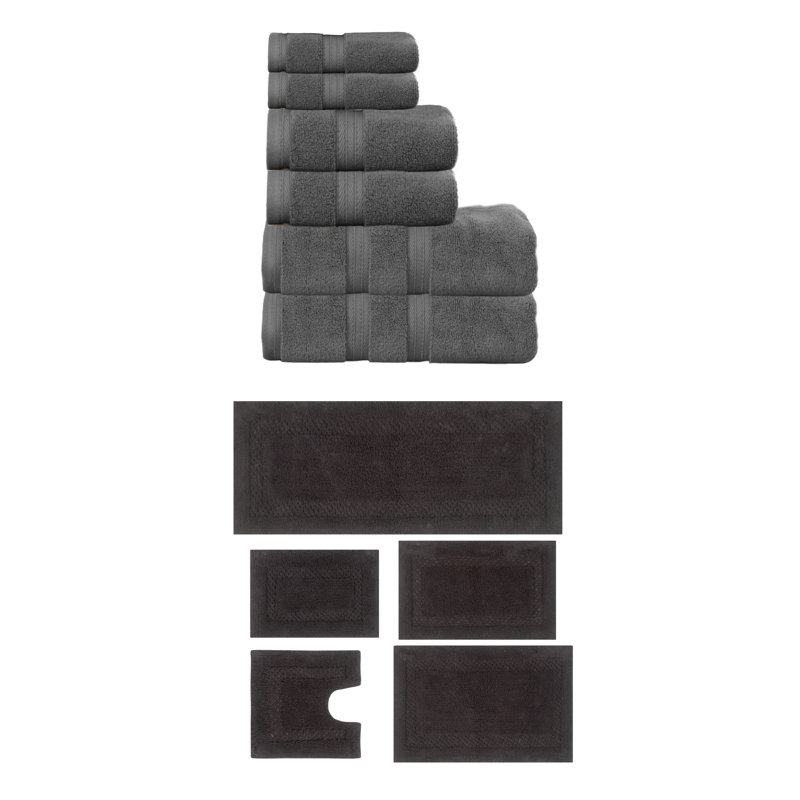 Bublitz Classy Bath Mat 100% Soft Cotton Bath Towel Set & Bath Rug Combo, 11 Piece Towel Set, Dark Gray