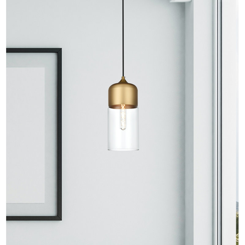 Luminaire suspendu cylindrique à une lumière avec accents de verre Chamberland, Doré