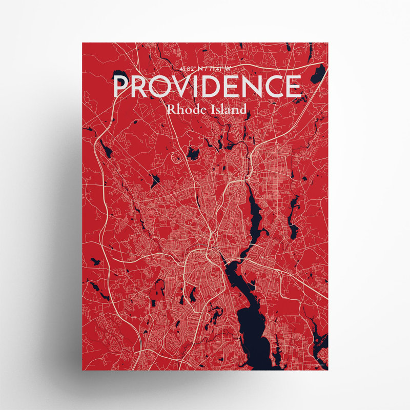 Providence, carte de la ville, impression, H 24 po x l 18 po, Rouge / Bleu marine