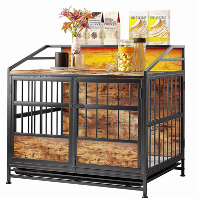 Cages multi-fonctions pour chien avec rangement, grand cage pour chien en bois avec portes doubles, pour chien grand / moyen intérieur, brun