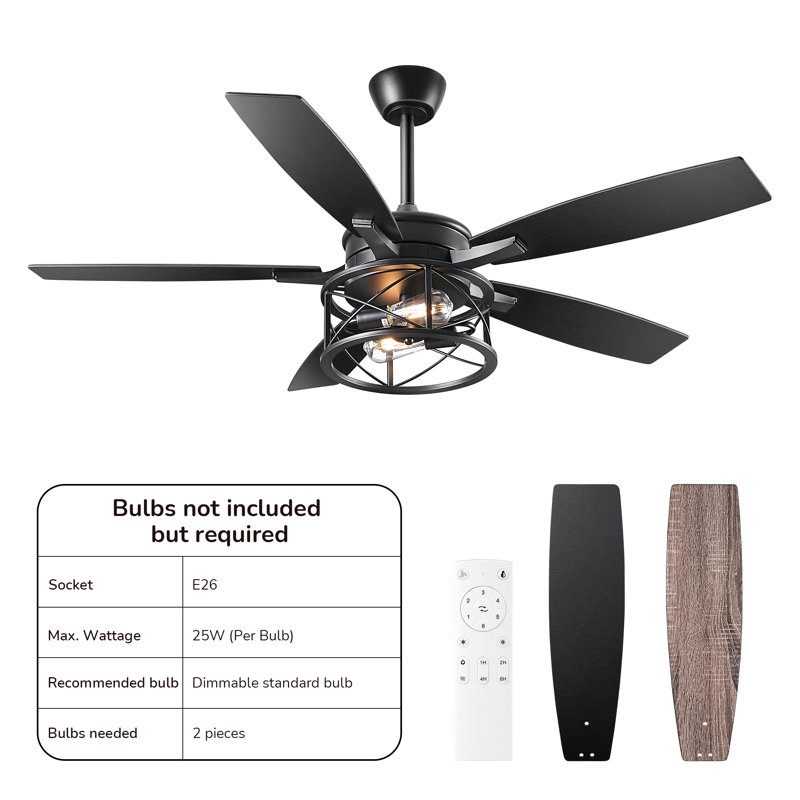 52" Black and Gray Wood Industrial Ceiling Fan with Light and Remote