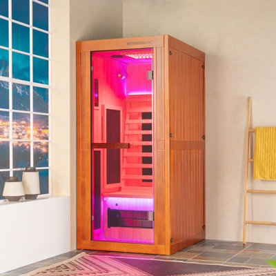 Sauna infrarouge FAR d'intérieur pour 1 personne en cèdre japonais de qualité supérieure avec luminothérapie rouge, haut-parleurs Bluetooth, panneau de commande intelligent et éclairage de chromothérapie