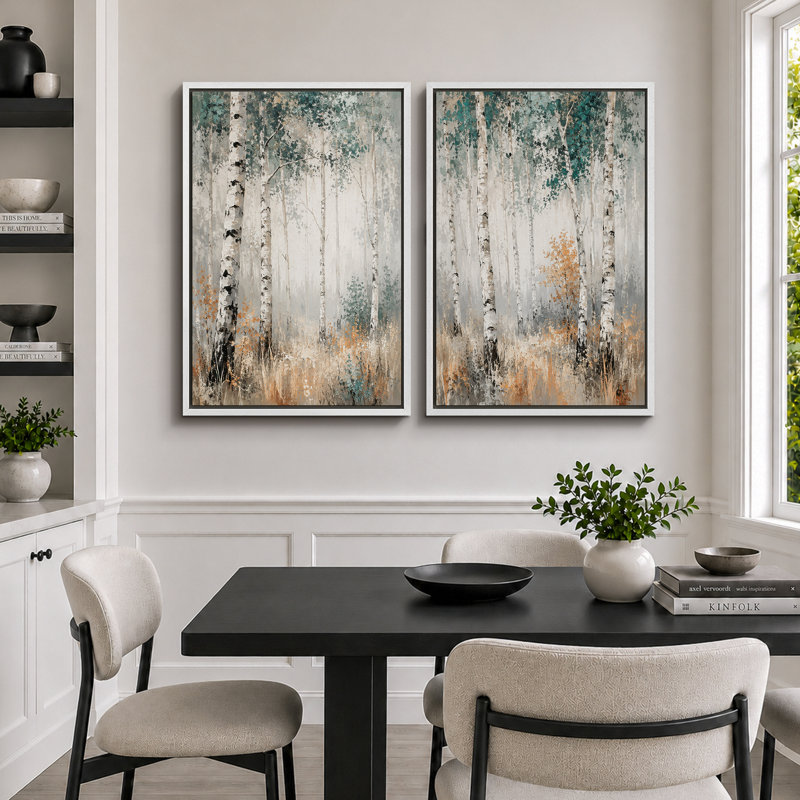 «Teal Birch Forest», art de salon, impression sur toile encadrée, 2 pièces, 24" H x 32" W x 1.5" D, White Frame