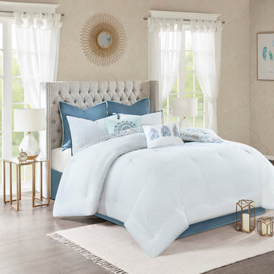 Édredon très grand bleu Isla - coton réversible 8 pièces, imprimé floral, deux taies décoratives européennes unies, rembourrage, coton pour impressions bleues et géométriques, coussins décoratifs brodés, lavable à la machine