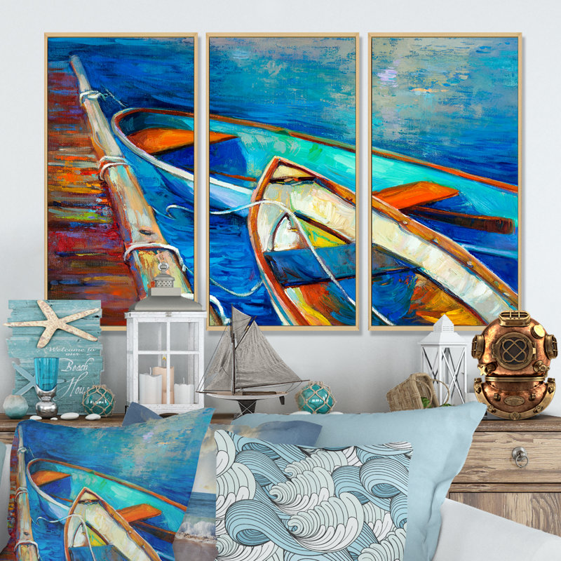 Bateaux et jetée dans une ombre bleue - peinture sur toile flottante 3 pièces, L 36 po x H 20 po, Cadre brun