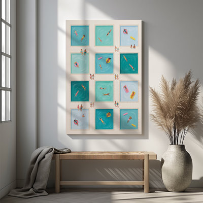 1pc Framed Canvas Wall Art Prints Poster, Retro Swimming Pool Grid Art Print, Summer Beach Art Posters Canvas Print Painting for Living Room Bedroom Office Bathroom Dorm Home Decor, Ready To Hang