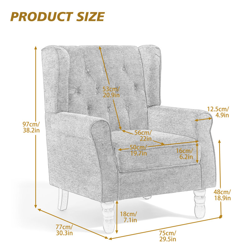 Fauteuil d'appoint à oreilles capitonné avec accoudoirs roulés et coussin rembourré épais Duward, Polyester beige